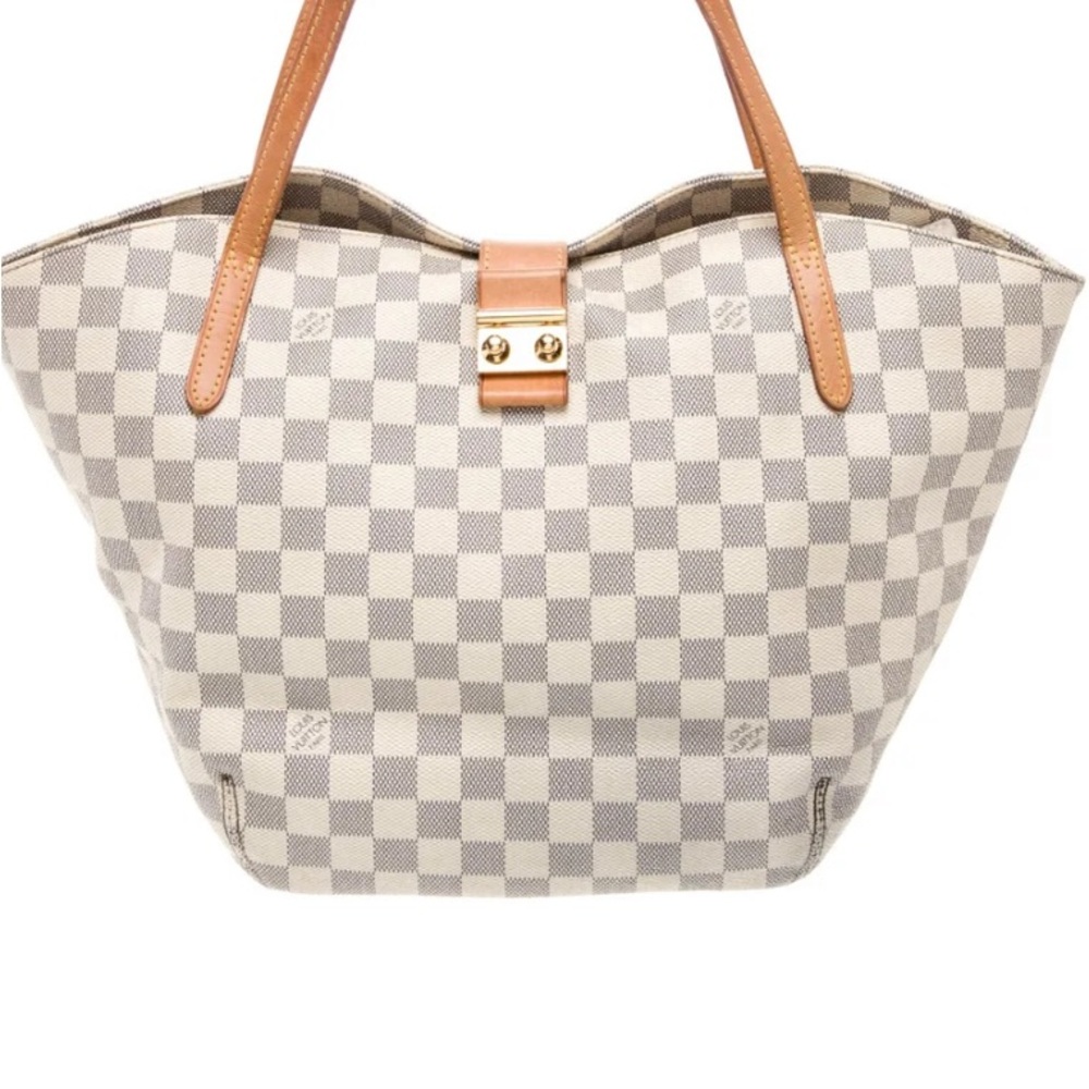 Louis Vuitton Gray Checkered Tote with Tan Handles